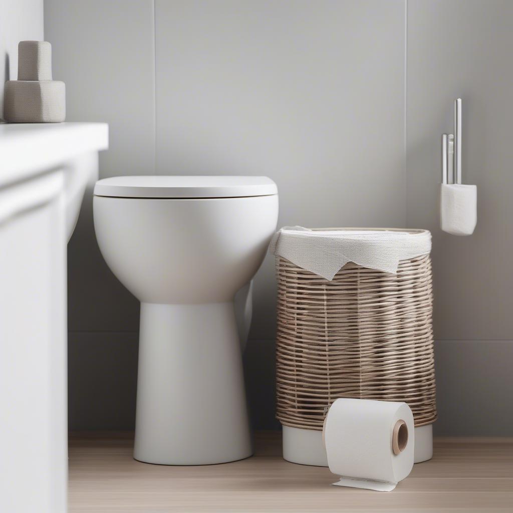 Grey wicker toilet roll holder in a modern bathroom setting