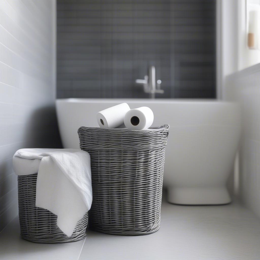 Grey wicker toilet roll storage basket in a modern bathroom