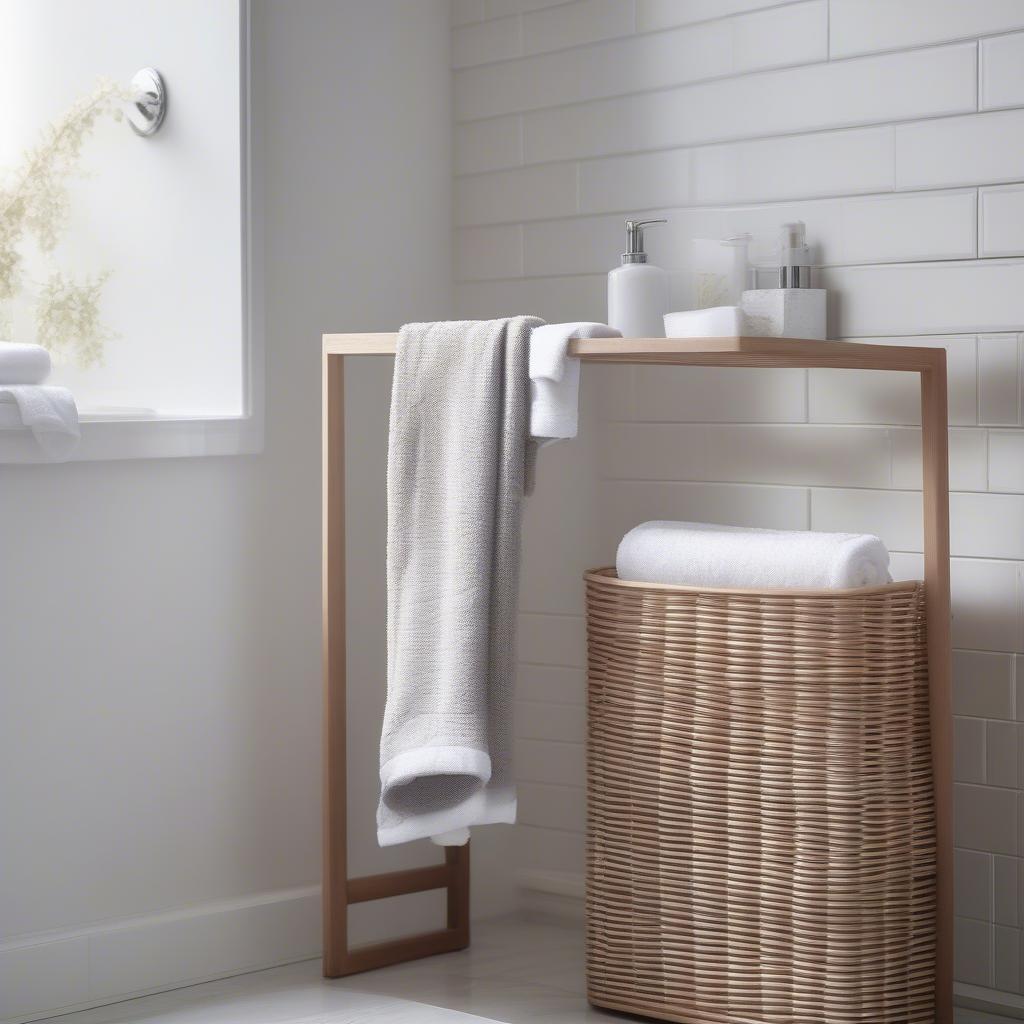 Grey wicker towel holder in a modern bathroom setting