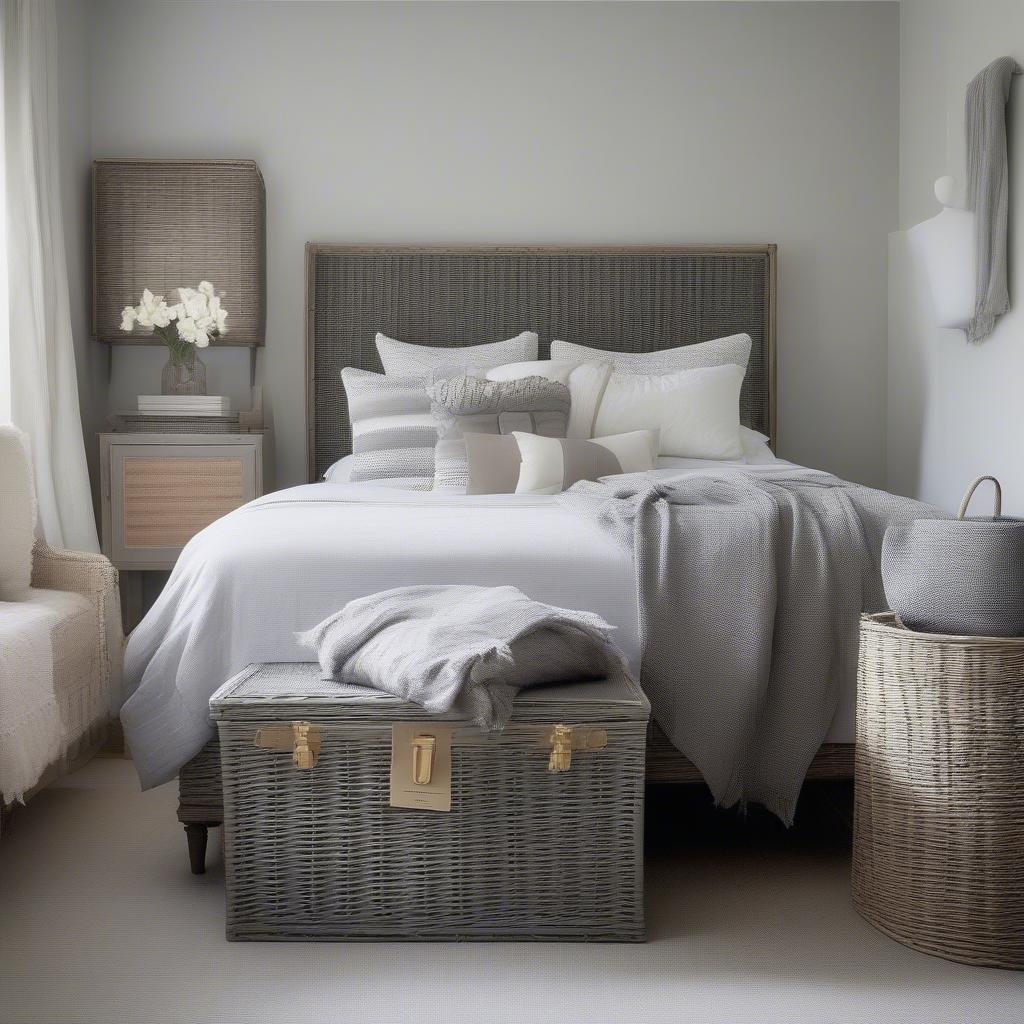 Grey wicker trunk used for storage in a bedroom