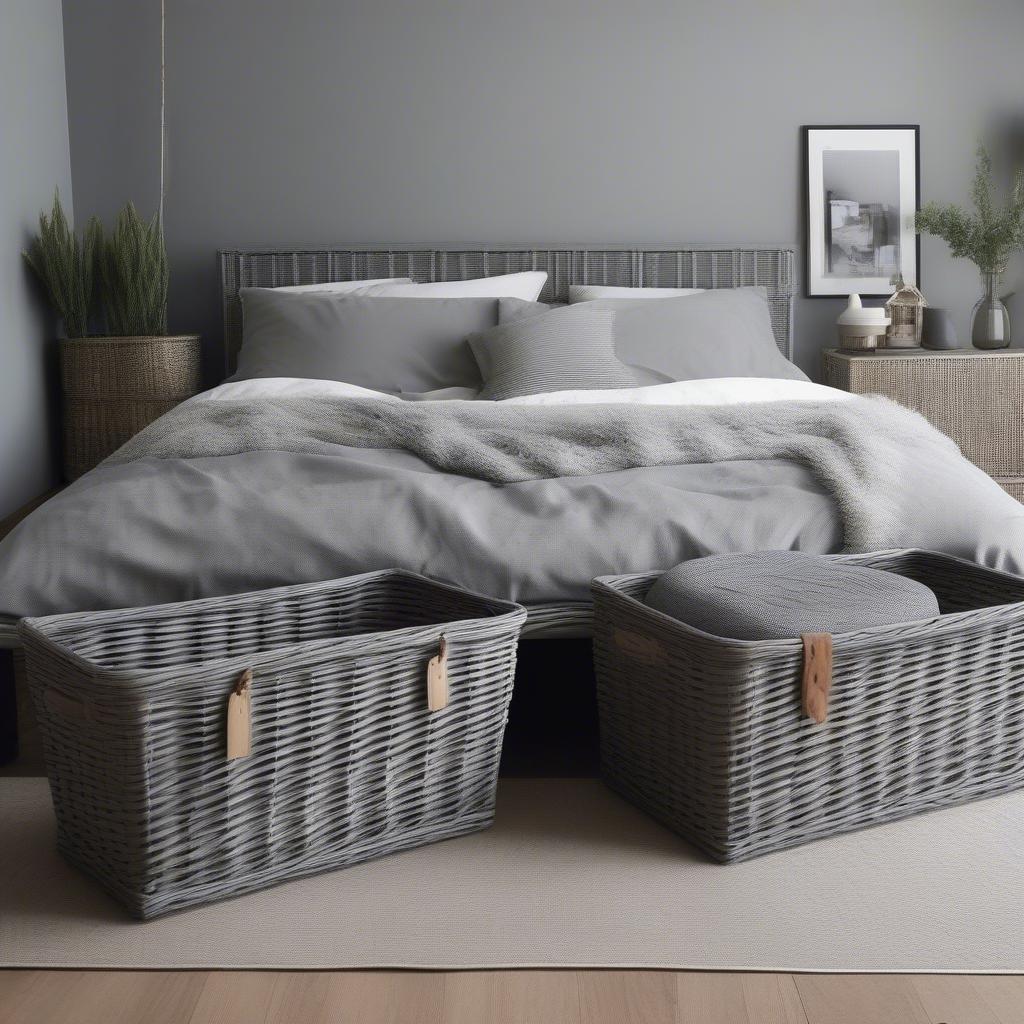 Grey wicker baskets tucked neatly under a bed, showcasing their storage capacity and aesthetic appeal.