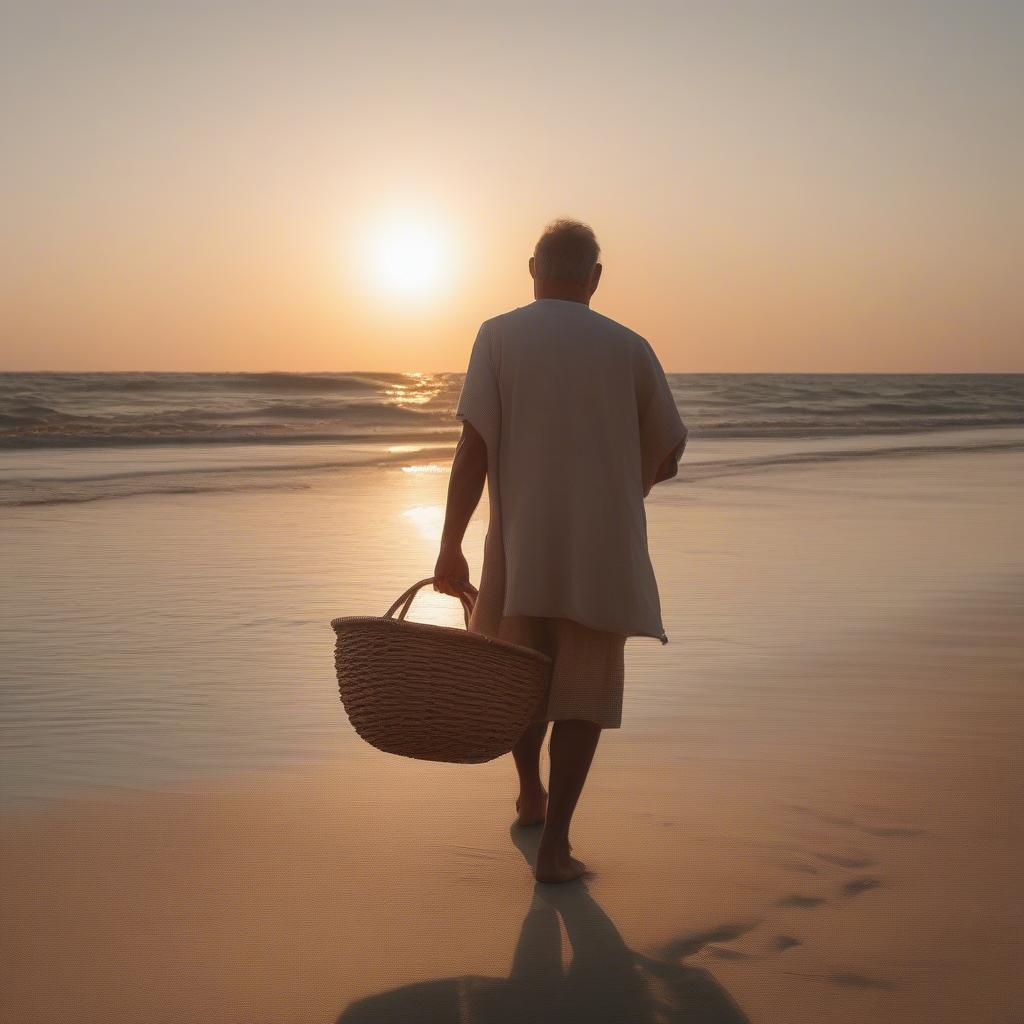 Man Holding Wicker Basket at Beach