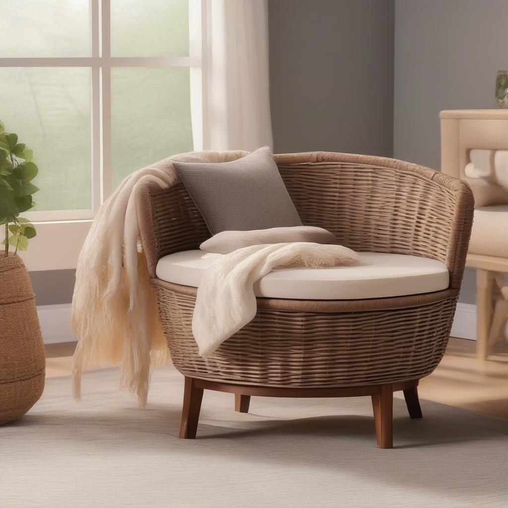 Hampton Bay Round Wicker Storage Seat in a Living Room Setting