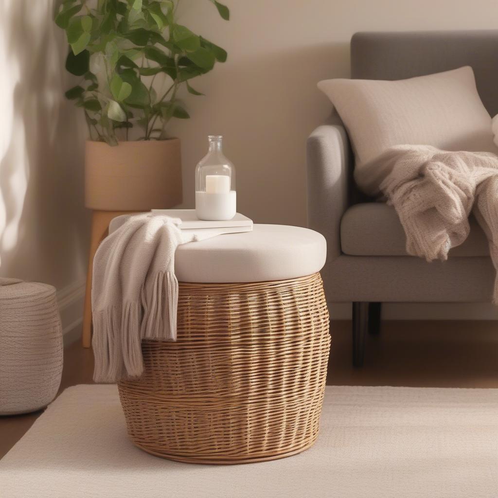 Hampton Bay Round Wicker Storage Stool in a Living Room Setting