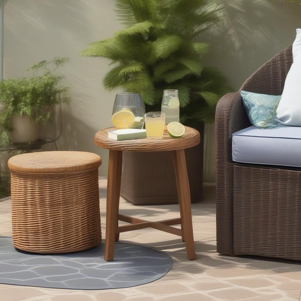 Hampton Bay Wicker Storage Stool on a Patio