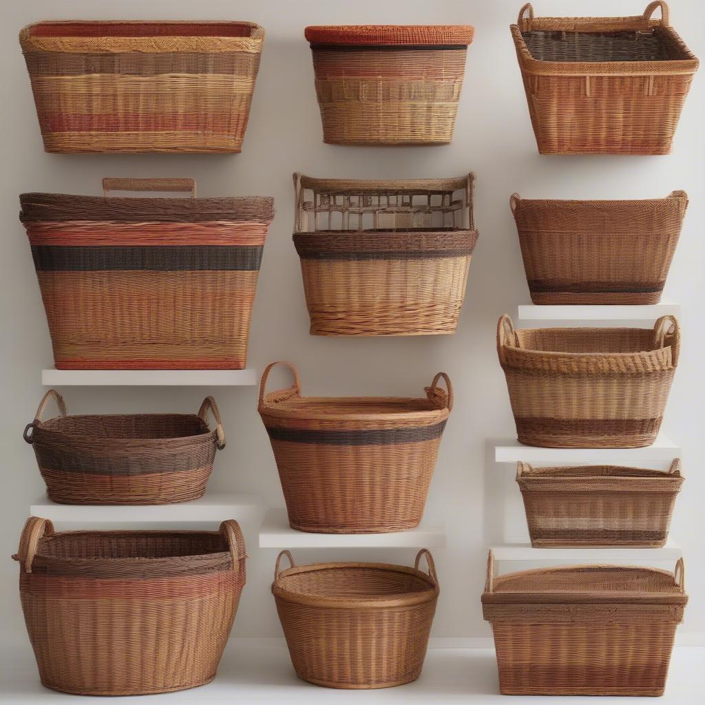 Various styles of handmade wicker storage baskets