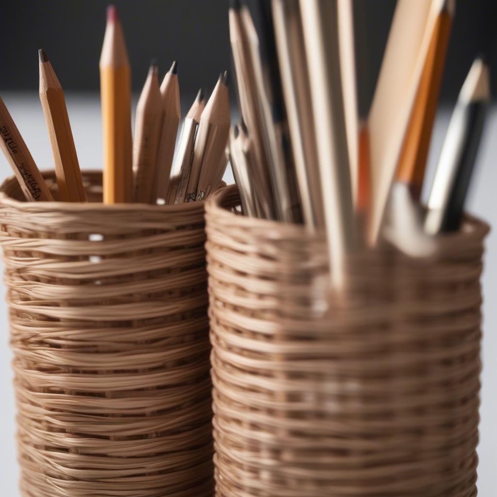 Close-up of a handwoven wicker pencil holder, highlighting the intricate details and craftsmanship.