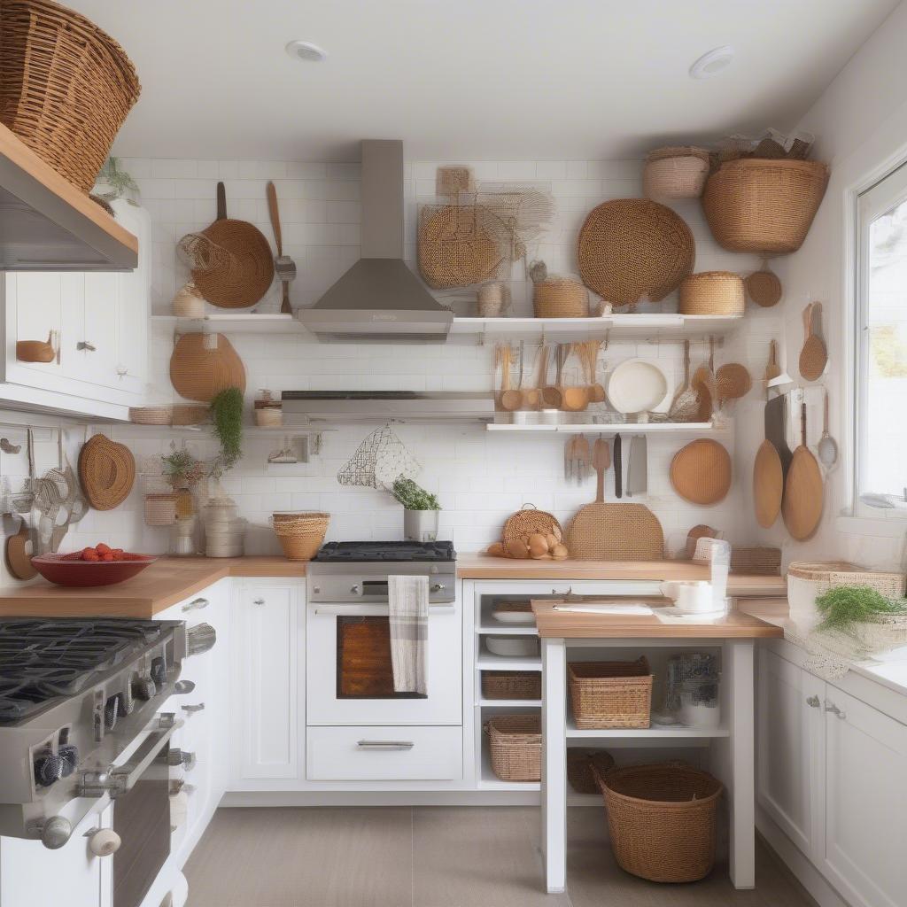 Hanging wicker baskets used for kitchen organization