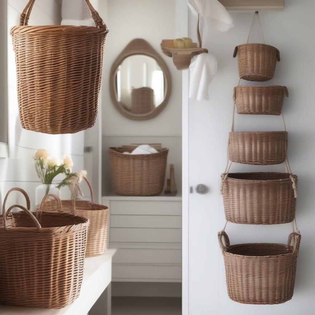 Various locations to hang wicker baskets for storage