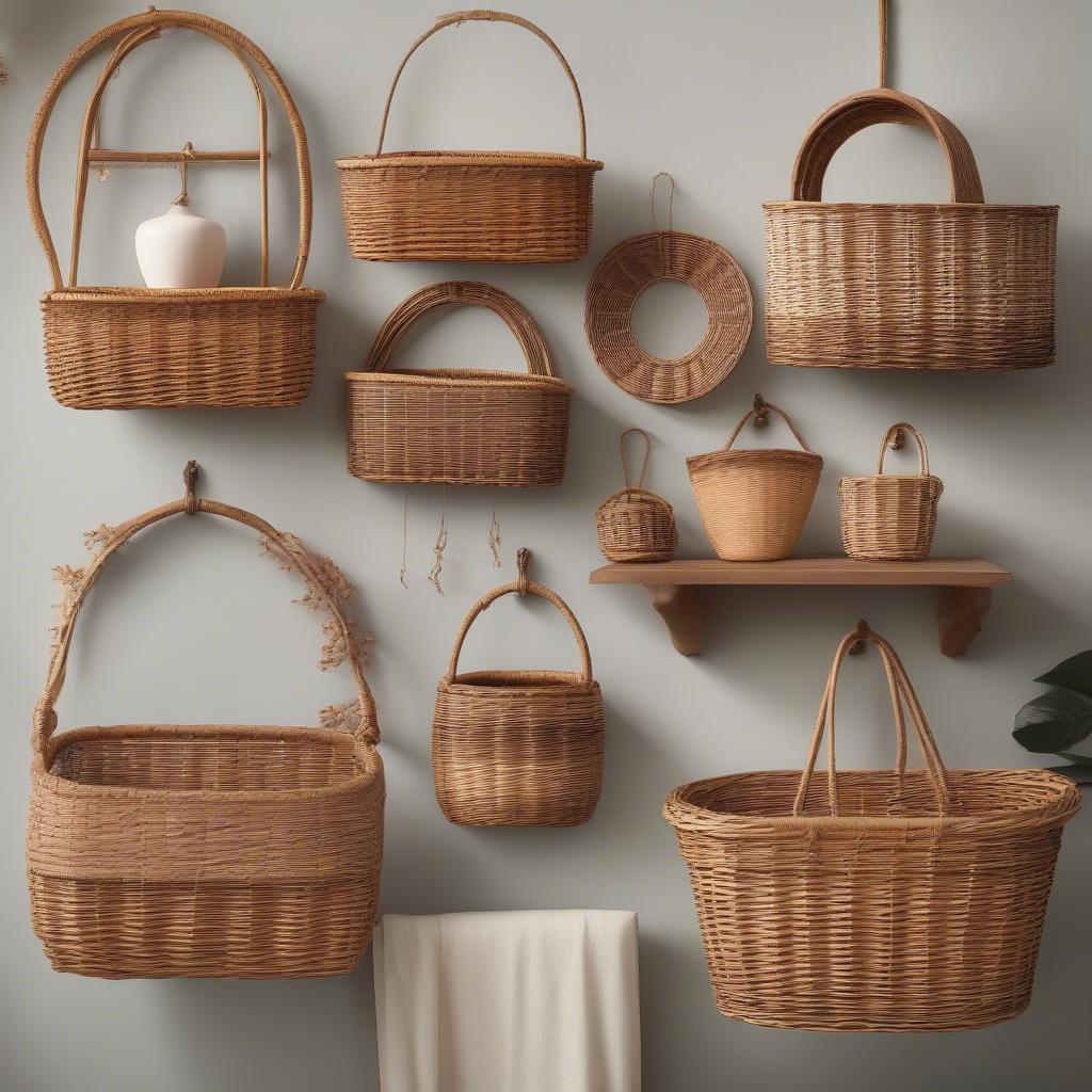 Hanging wicker baskets in various sizes and shapes