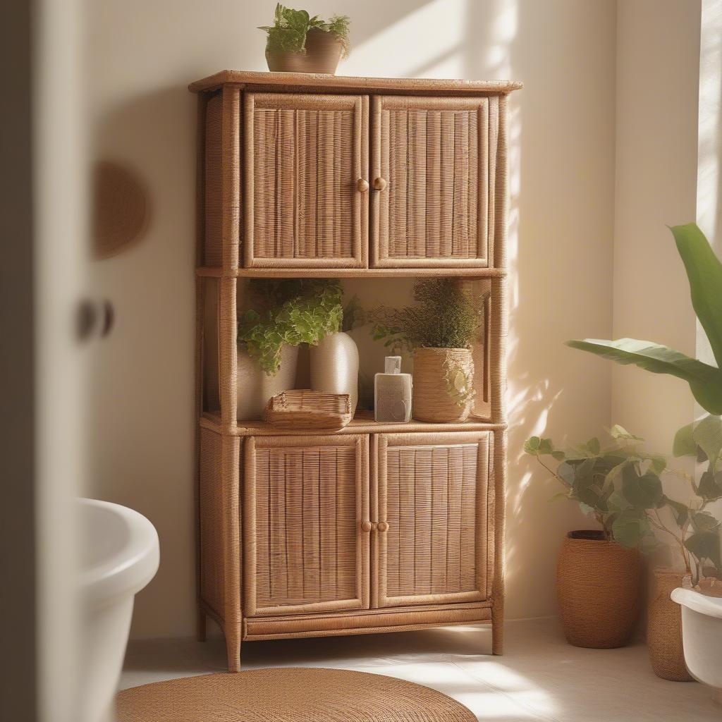 A hanging wicker bathroom cabinet in a naturally lit bathroom.