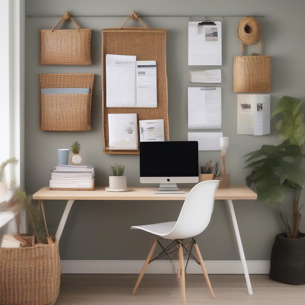 Wicker Hanging Organizer on Office Wall