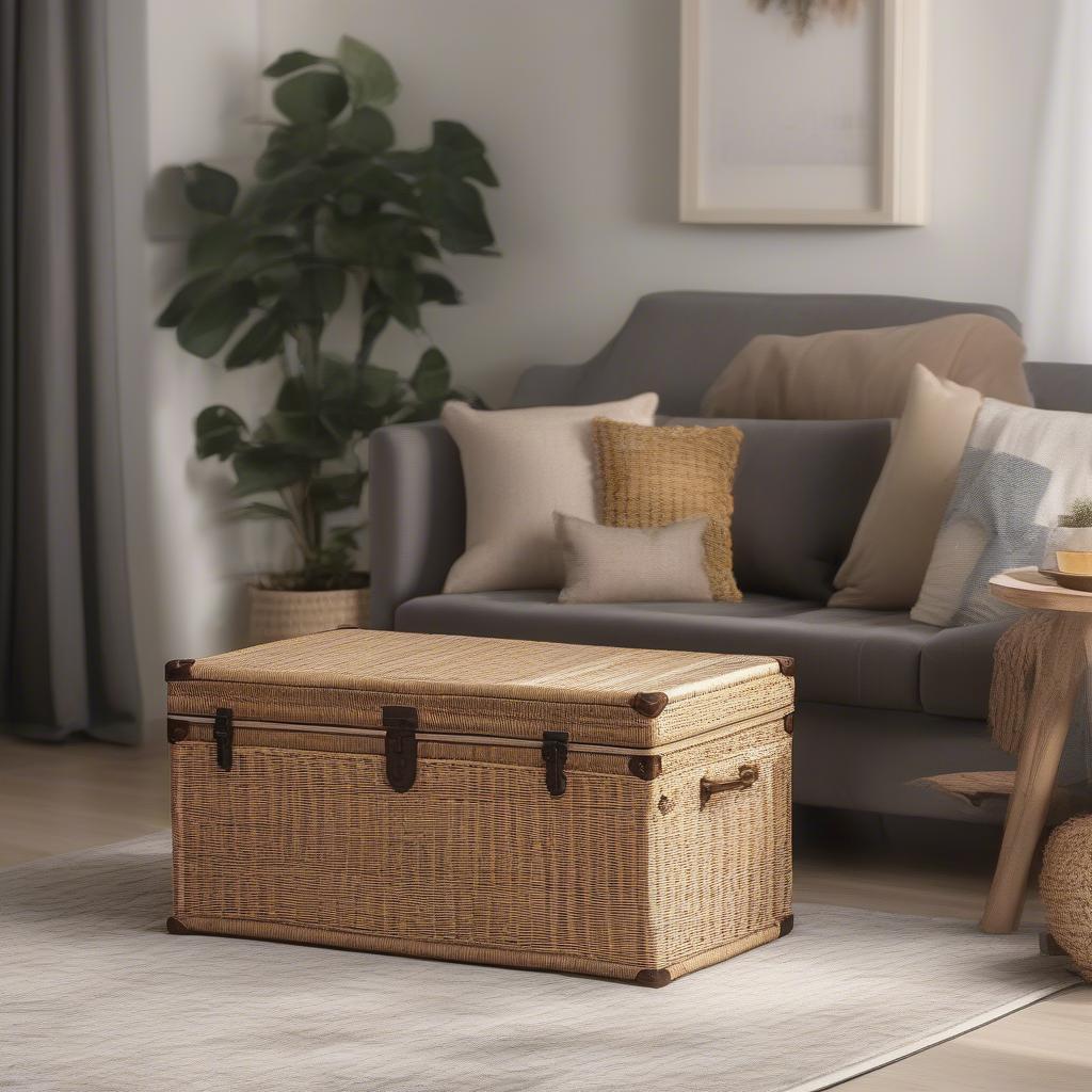 Happimess Elijah Wicker Storage Trunk HPM9002 in a Living Room Setting