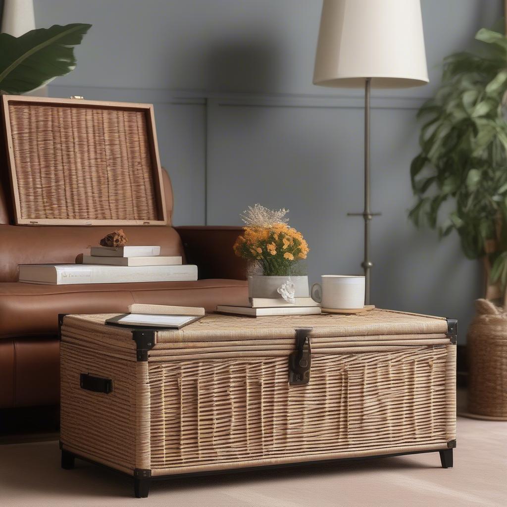 Happimess Michael 35 wicker storage trunk used as a coffee table in a living room setting.