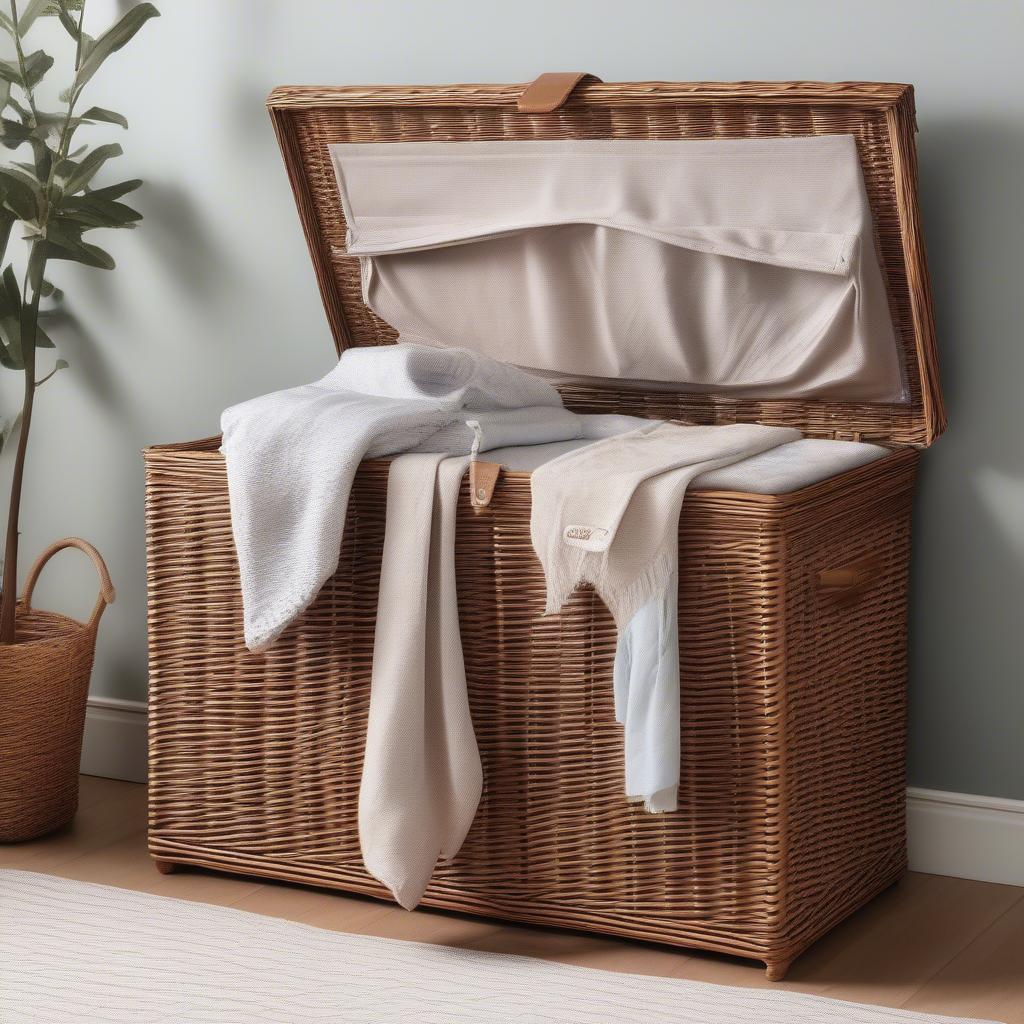 Hartleys wicker storage hamper in a bedroom