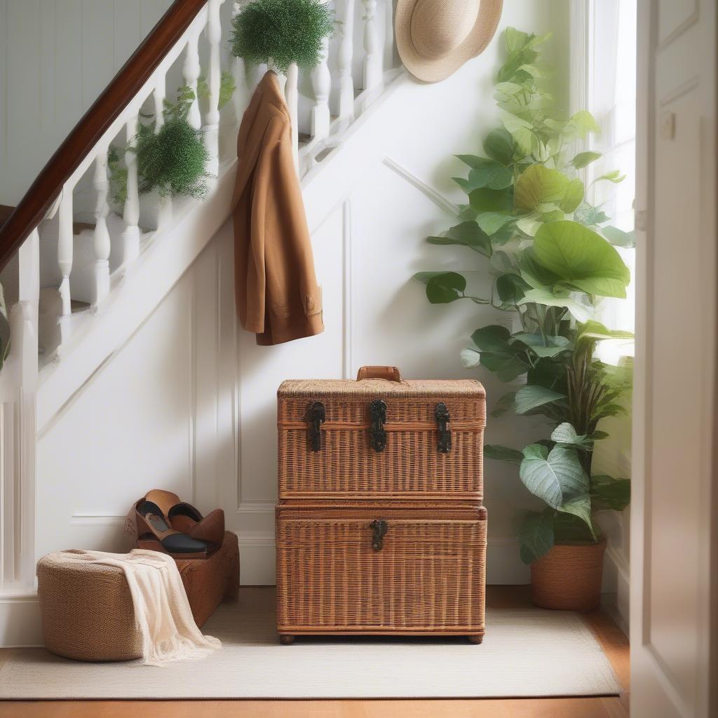 Hinged wicker storage trunk in an entryway