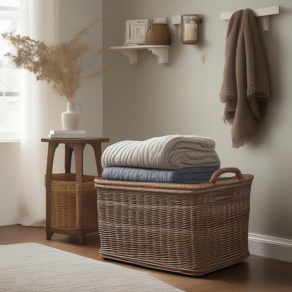 A Hookton wicker storage basket used in a living room setting.