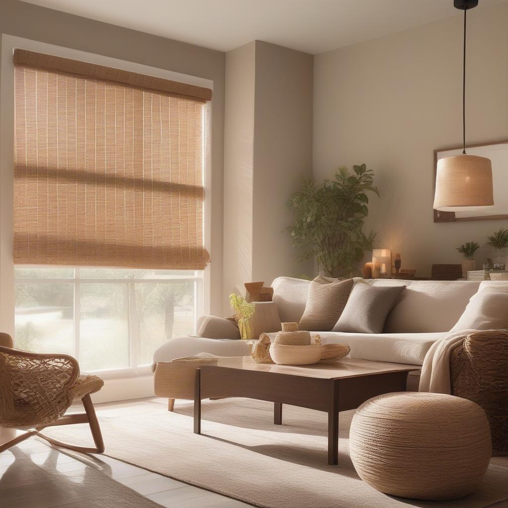 Horizontal wicker blinds add a touch of natural elegance to a living room.