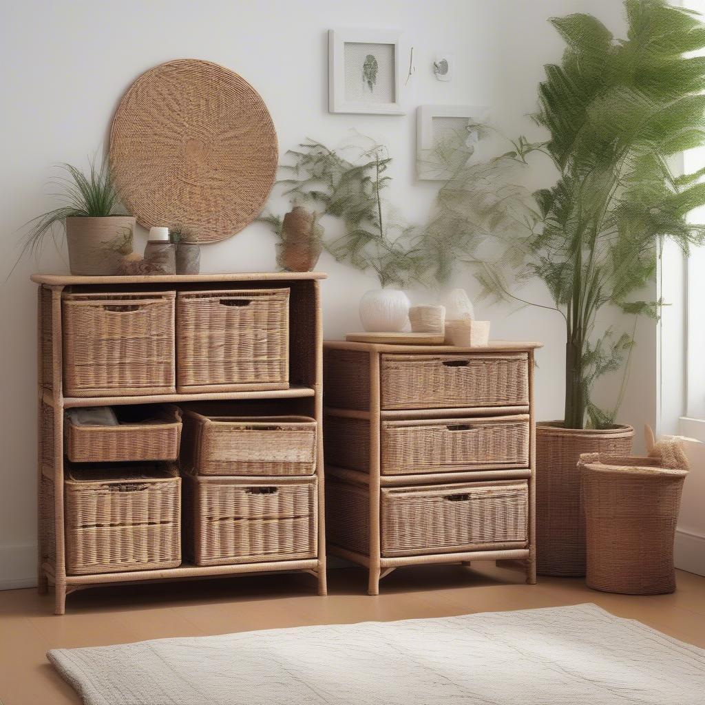 A beautifully arranged room showcasing IKEA-inspired wicker storage drawers integrated seamlessly with other furniture and decor.