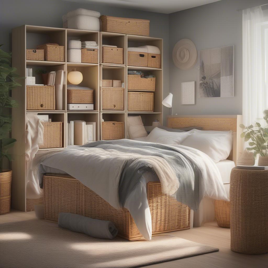 IKEA Kallax Unit with Wicker Cubes in a Bedroom