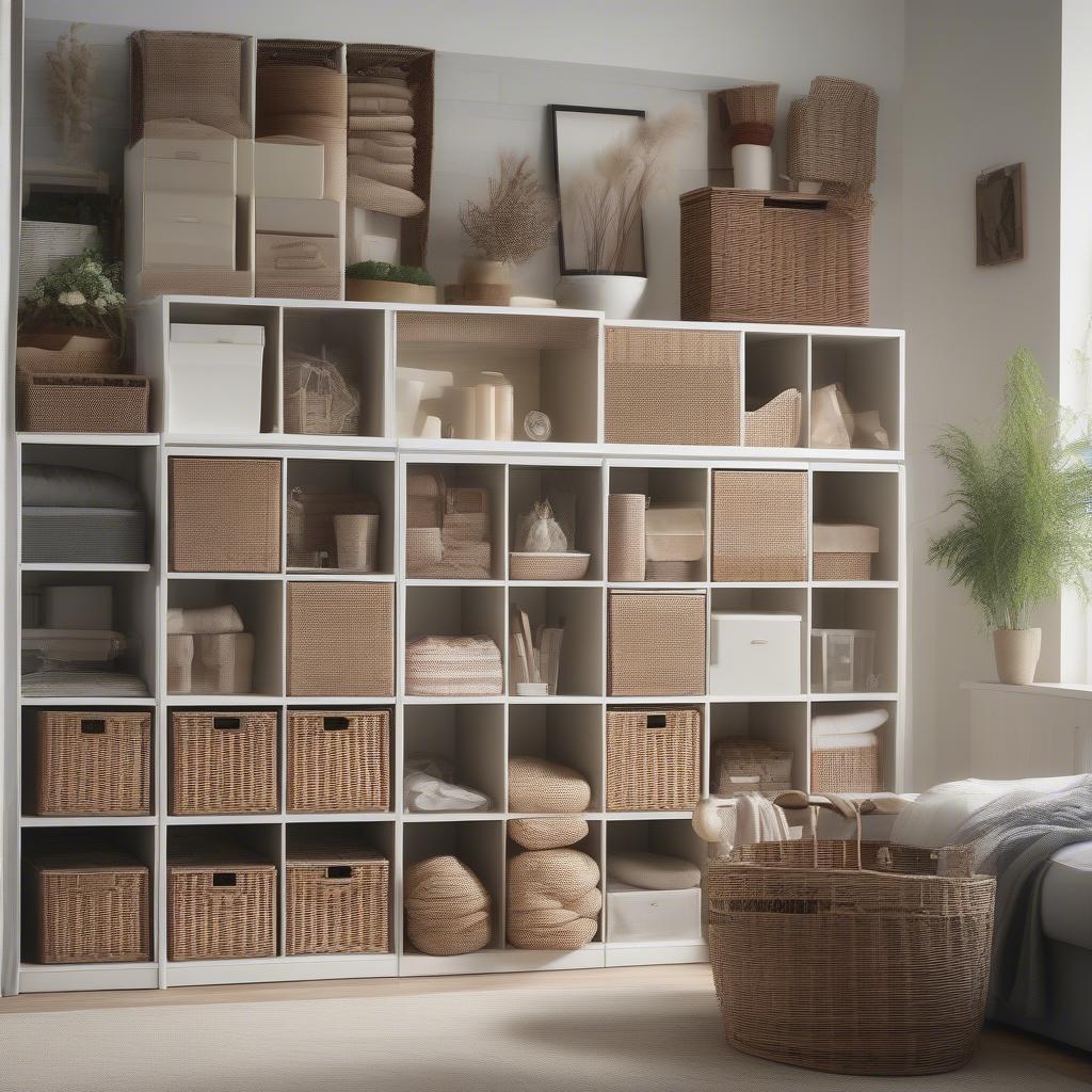 IKEA Kallax shelving unit combined with wicker storage baskets for an organized and stylish look.