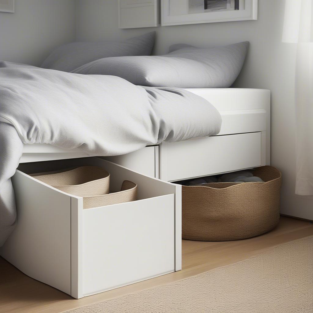 IKEA straw storage bins in a bedroom