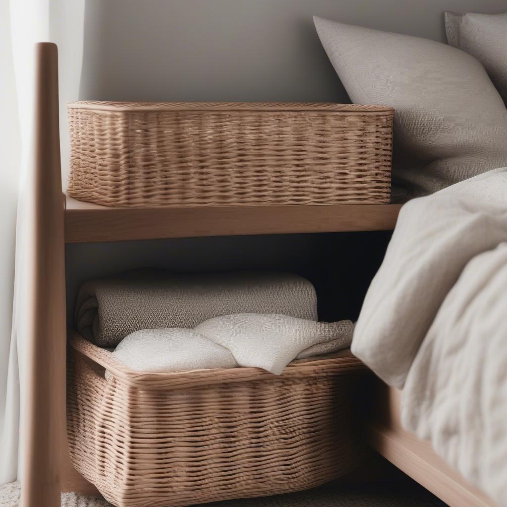 Stylish Ikea wicker baskets tucked neatly under a bed