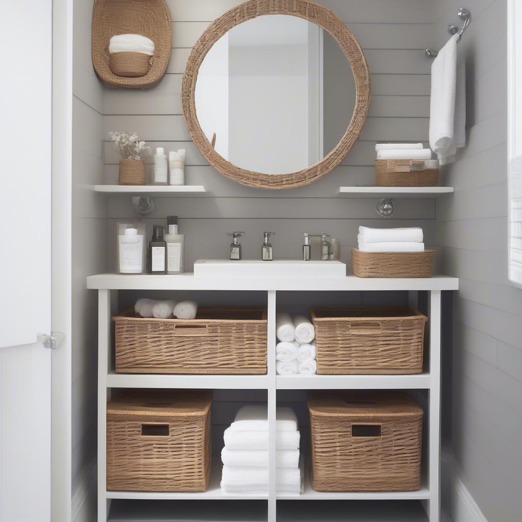 IKEA white wicker baskets used for bathroom organization