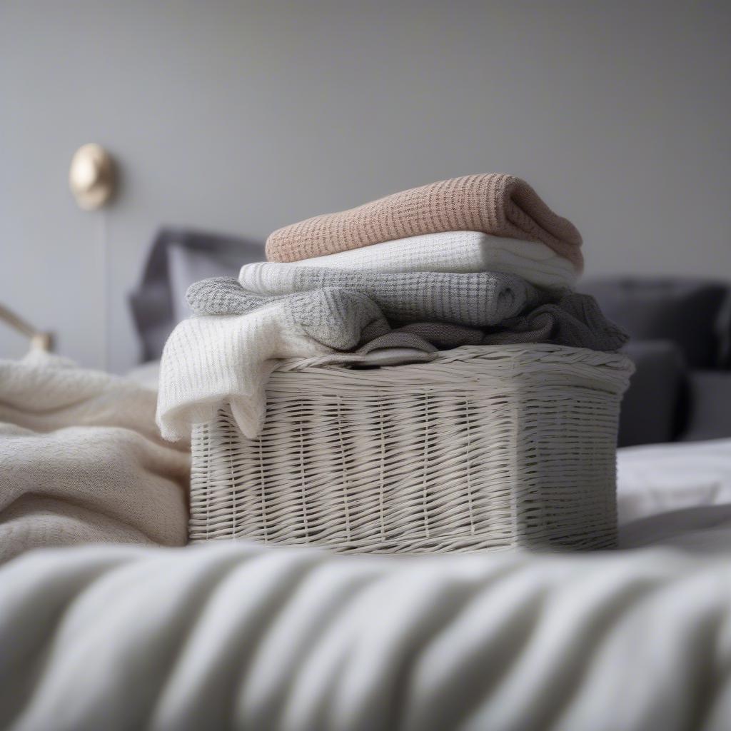 IKEA white wicker storage baskets used for bedroom storage