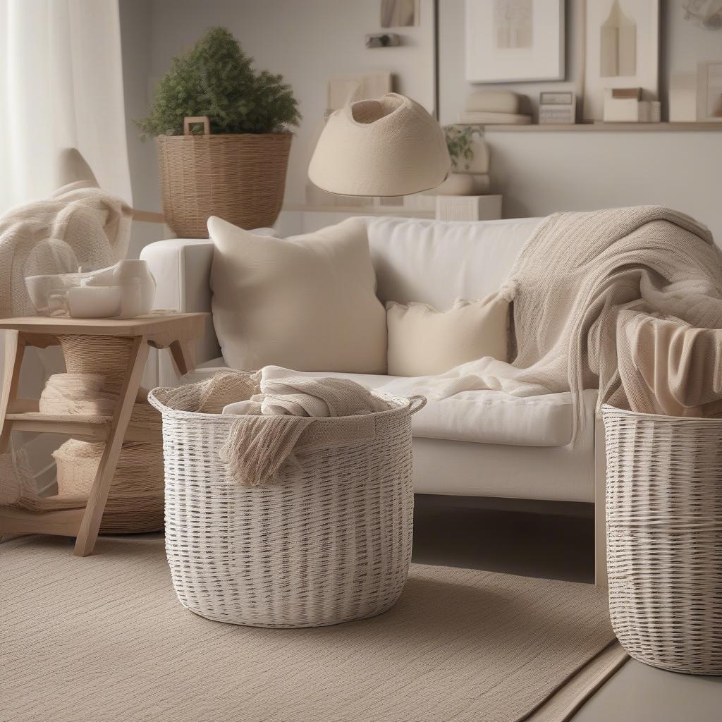 IKEA white wicker storage baskets used in a living room setting