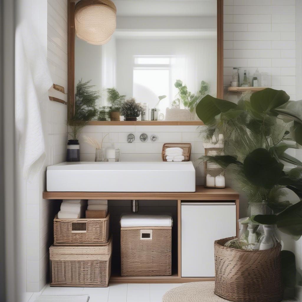 IKEA white wicker storage boxes in a bathroom