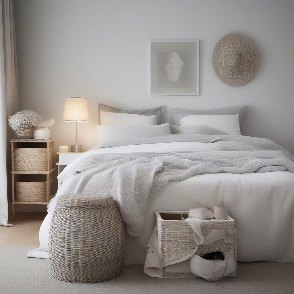 IKEA white wicker storage boxes in a bedroom