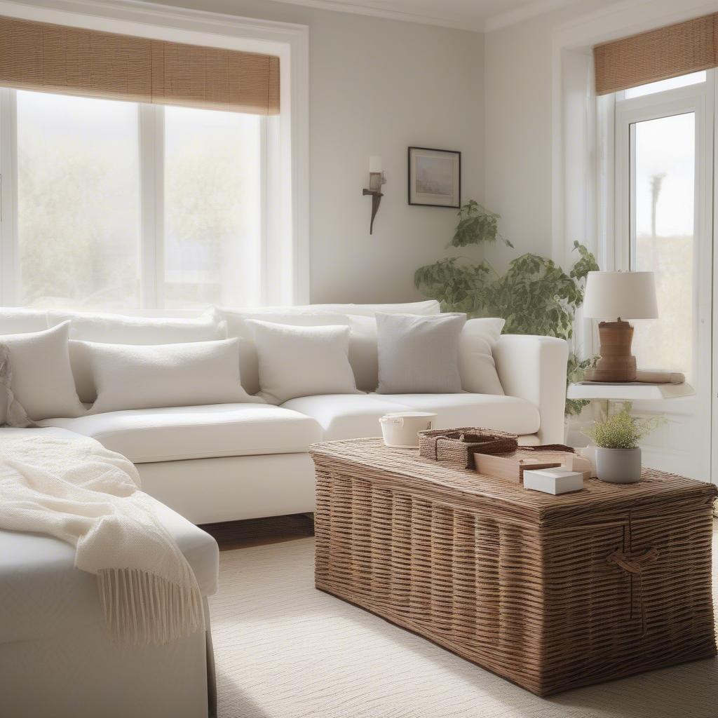 IKEA white wicker storage boxes in a living room setting