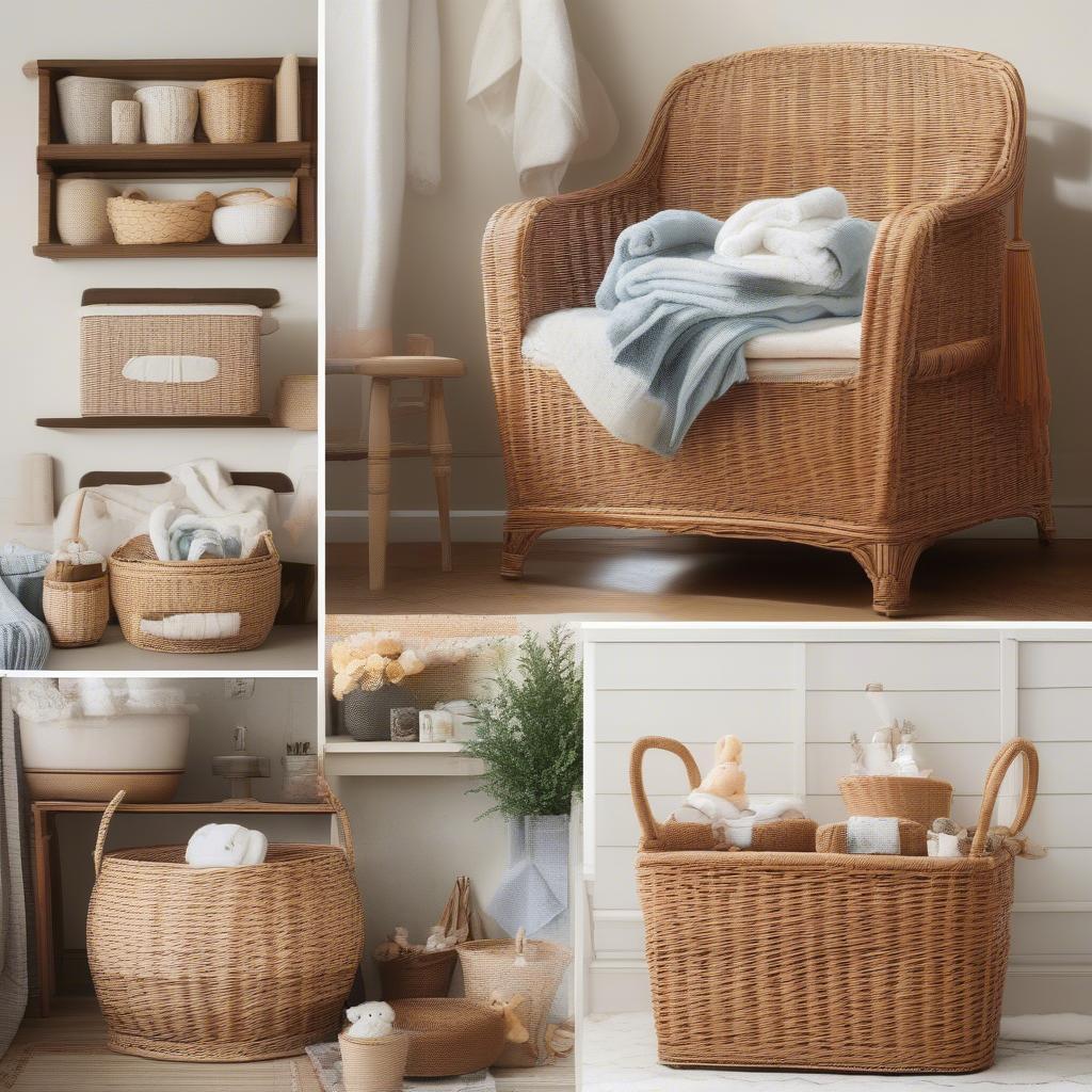 Styling ideas for wicker storage baskets in different rooms.