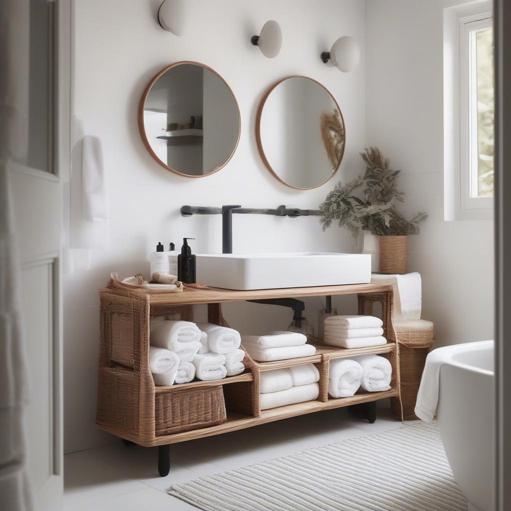 Ikea wicker basket unit used as storage in a bathroom