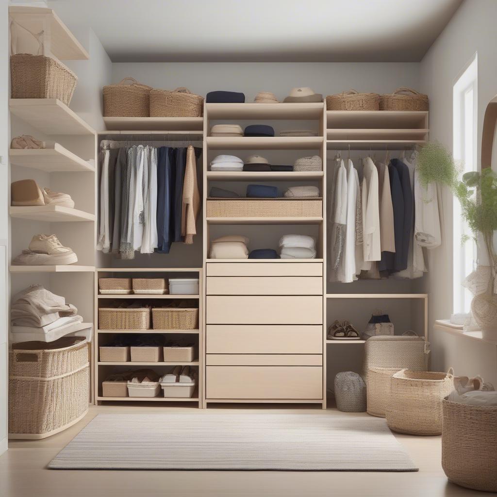 IKEA wicker baskets used for bedroom organization