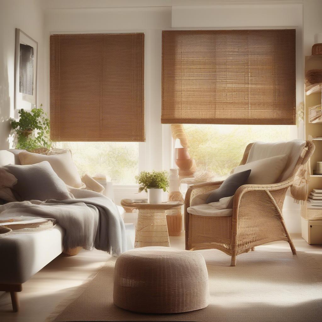 Ikea wicker blinds in a living room setting, providing privacy and filtering natural light.