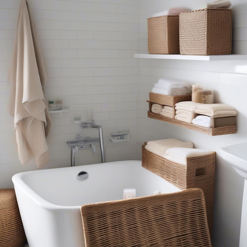 Ikea wicker box storage used in a bathroom for towel and toiletry storage.