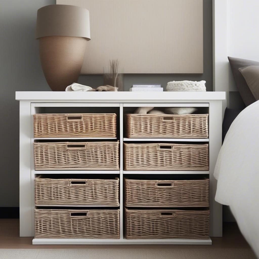 Ikea wicker box storage used in a bedroom, neatly organizing clothes and accessories.