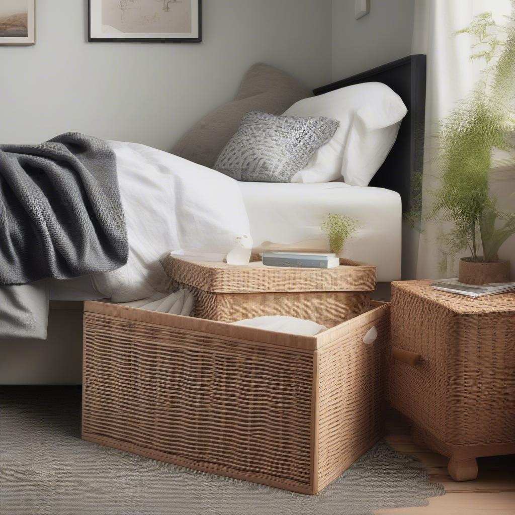 Ikea wicker chest in a bedroom