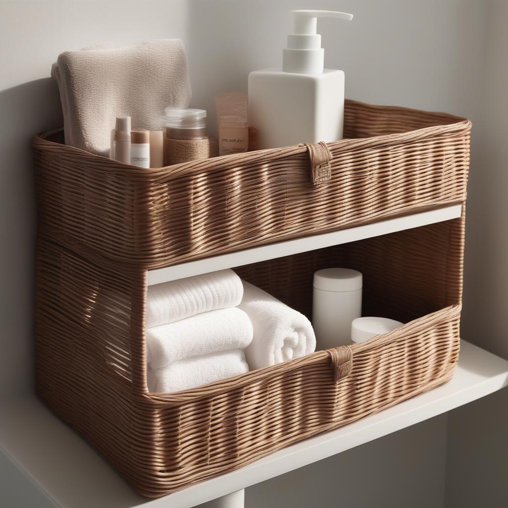 Ikea wicker storage basket in a bathroom setting