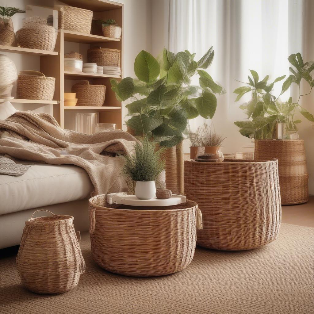 IKEA wicker storage baskets in a living room setting