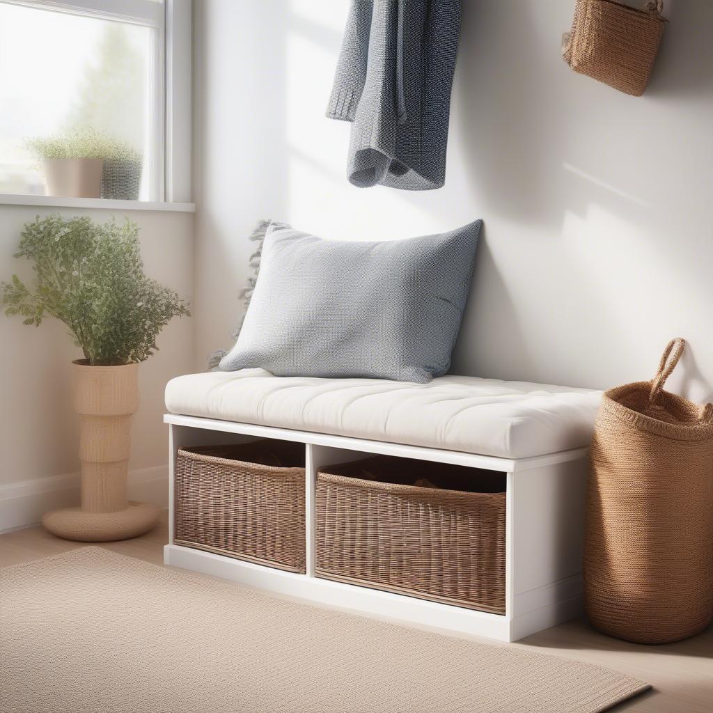 IKEA wicker storage bench in an entryway