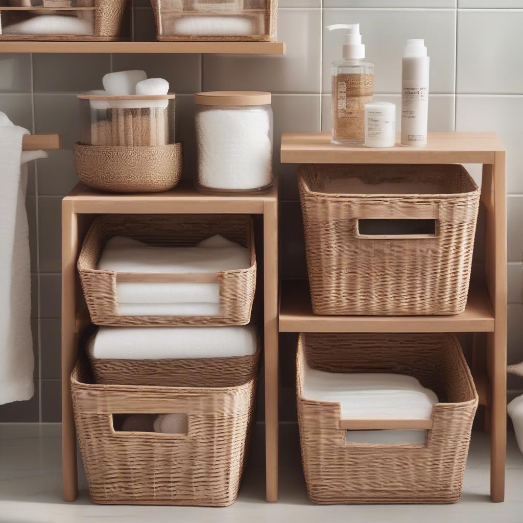 IKEA wicker storage bins in a bathroom