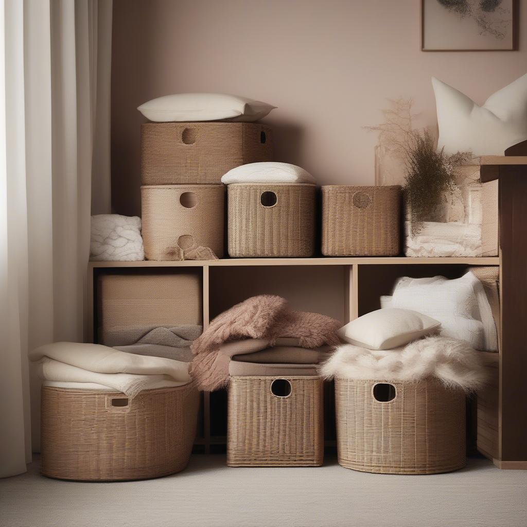 IKEA wicker storage bins in a living room setting