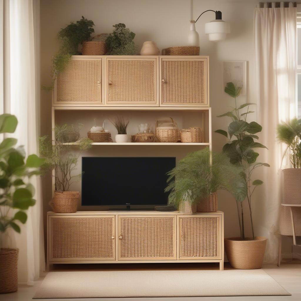 Ikea wicker storage cabinet in a living room