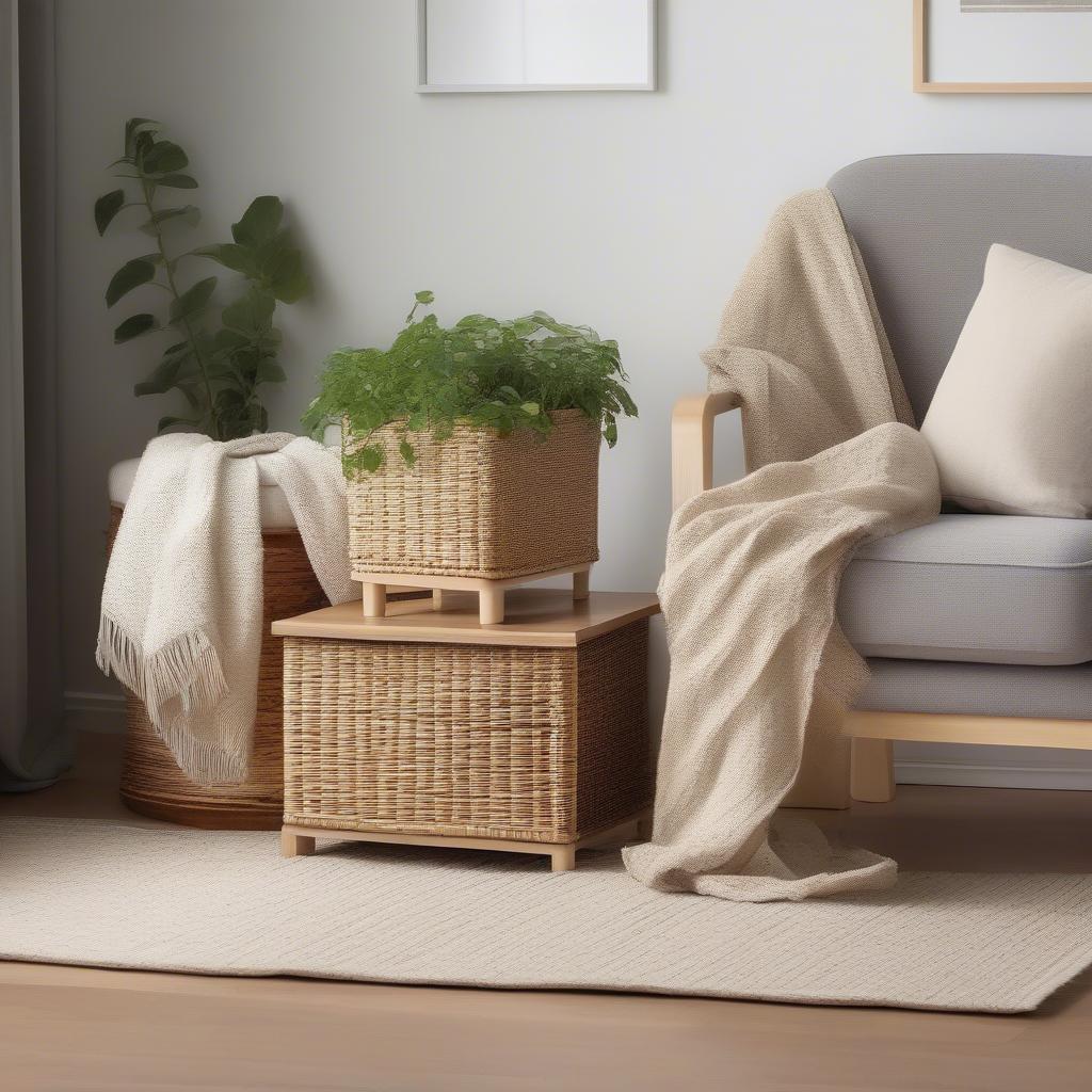 Ikea wicker storage cubes 9x9 used as a stylish storage solution in a living room setting.