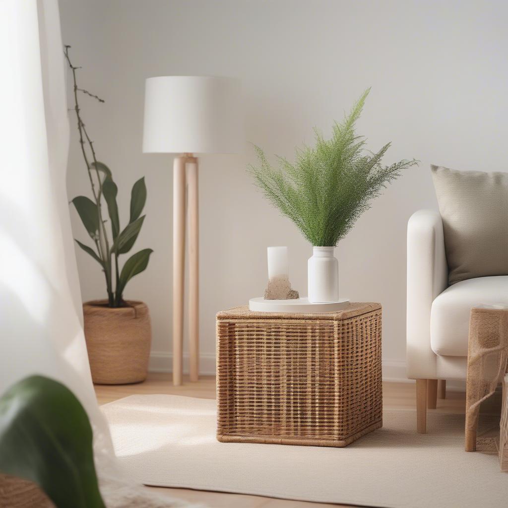 Ikea wicker storage cubes 9x9 incorporated into a minimalist decor style.