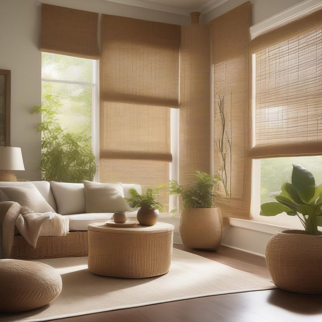 Indoor wicker blinds in a living room setting