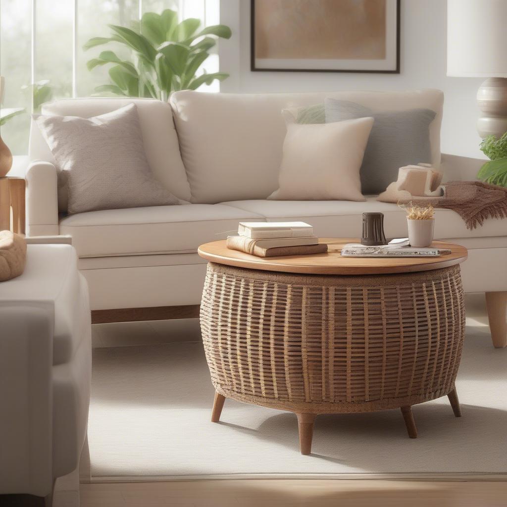 Indoor Wicker Coffee Table in a Living Room Setting